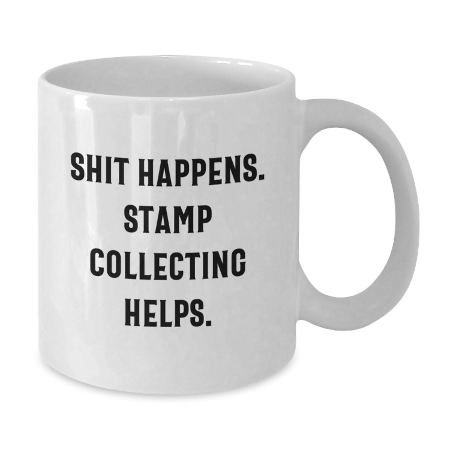 Funny Stamp Collecting White Coffee Mug Gifts from Family to Graduates, 'Shit Happens. Stamp Collecting Helps.' for Stamp Collecting Enthusiasts - Additional