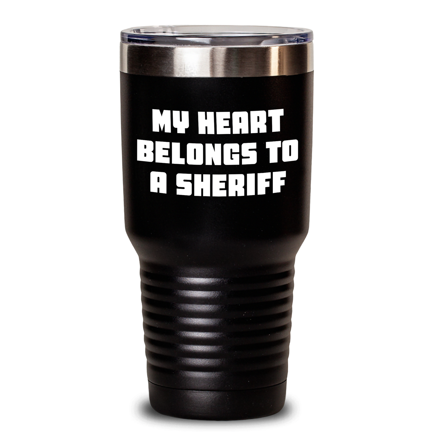 Funny Sheriff Gifts, My Heart Belongs To A Sheriff Inspirational Tumbler, 20oz or 30oz Vacuum-Insulated Sheriff Gift for Men, Women, or Friends from Family, Coworkers, or Friends - Main