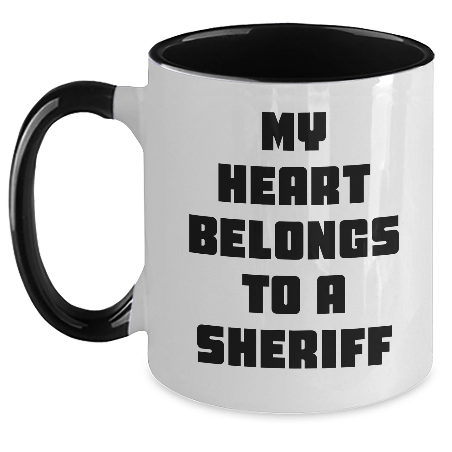 Funny Sheriff Gifts - My Heart Belongs To A Sheriff Two Tone Coffee Mug, Sheriff Mug for Graduation, Gifts from Men to Sheriff, Unique Sheriff Gifts for Sheriff - Main