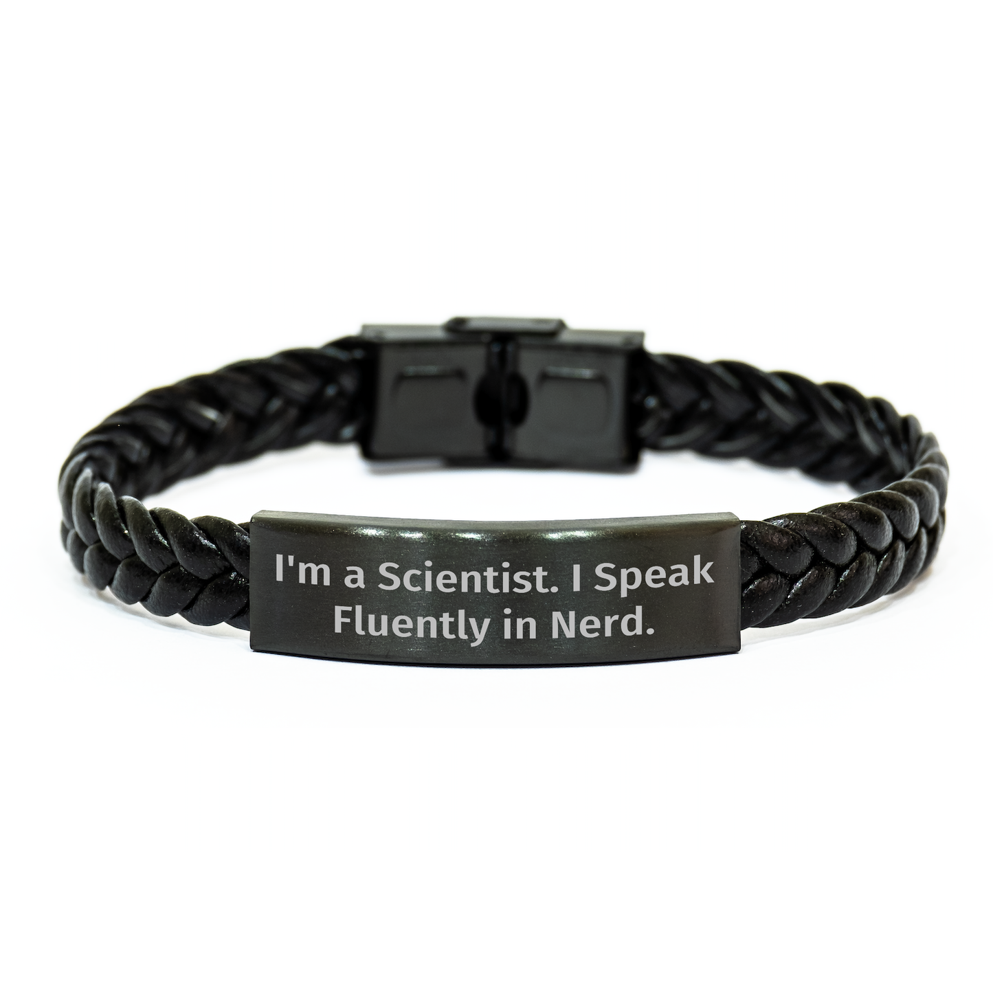 Funny Scientist Gifts for Him from Family - I'm A Scientist. I Speak Fluently In genius. Interlaced Leather Bracelet for Graduation - Image 1