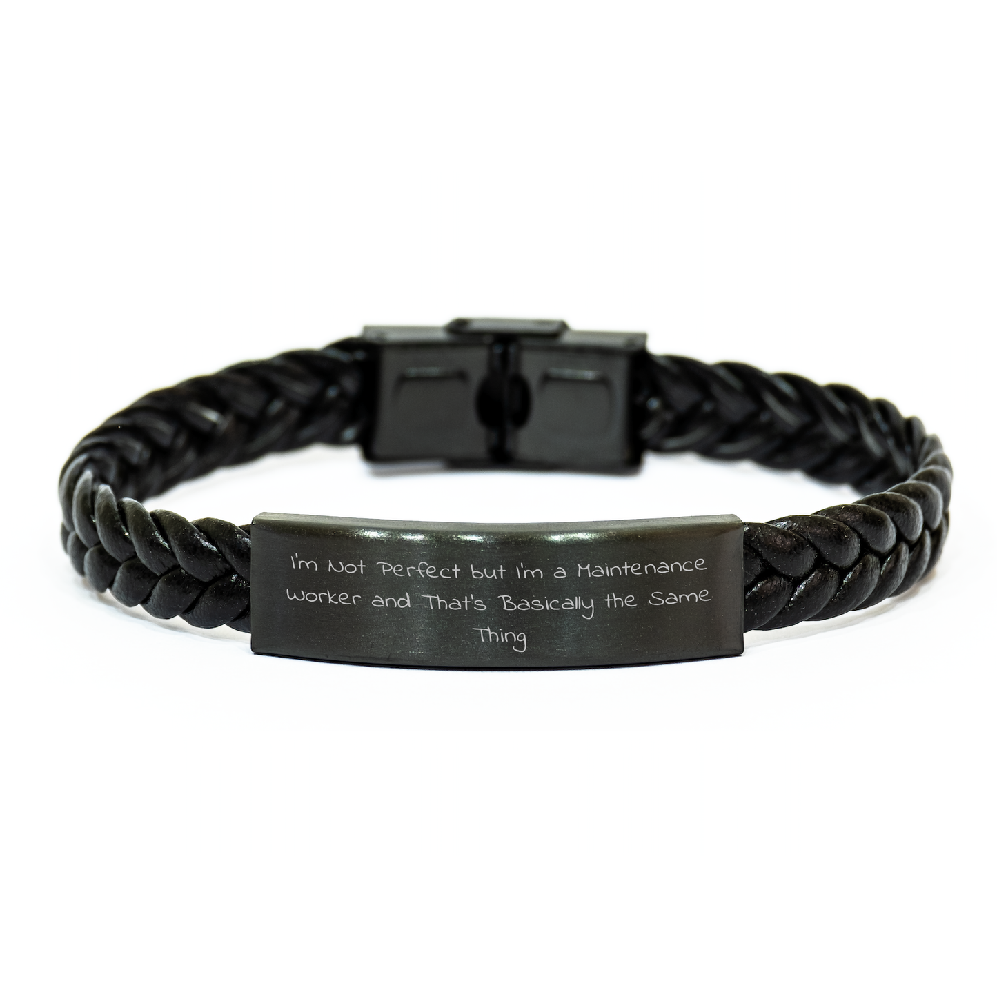 Funny Maintenance Worker Gifts from Friends, Coworkers, or Family - I'm Not Perfect But I'm A Maintenance Worker And That's Basically The Same Thing Interlaced Leather Bracelet for Father's Day - Image 1