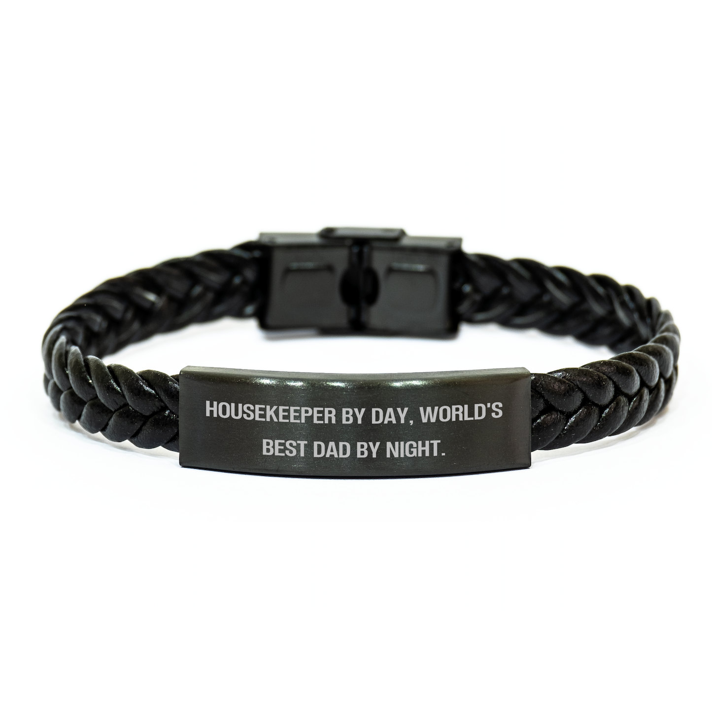 Funny Housekeeper Gifts - Interlaced Leather Bracelet for Men - 'Housekeeper By Day, World's Best Dad By Night.' Quote, Father's Day Unique Gifts from Family - Image 1