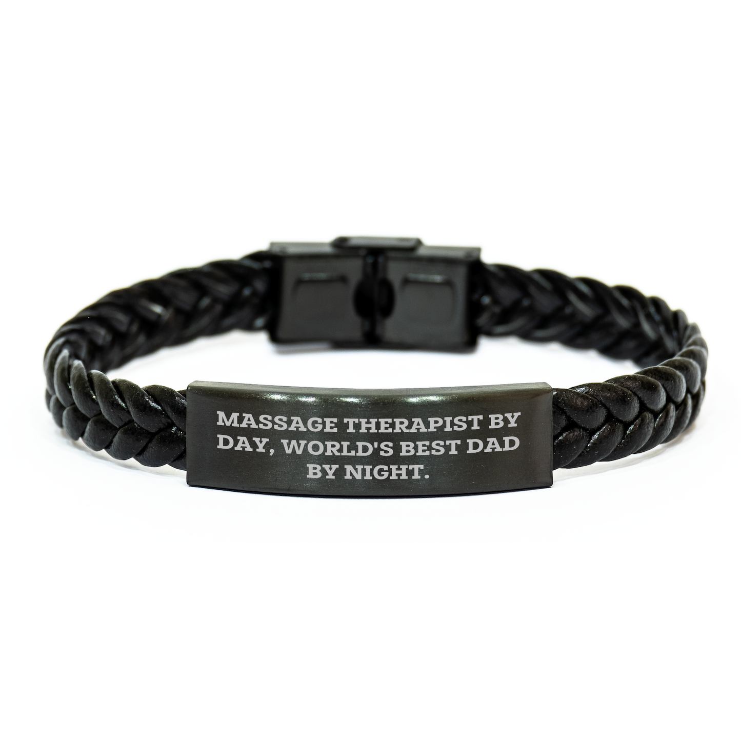 Massage Therapist Gifts from Dad - Interlaced Leather Bracelet, Quote: 'Massage Therapist By Day, World's Best Dad By Night.', Father's Day Unique Gifts for Men - Image 1