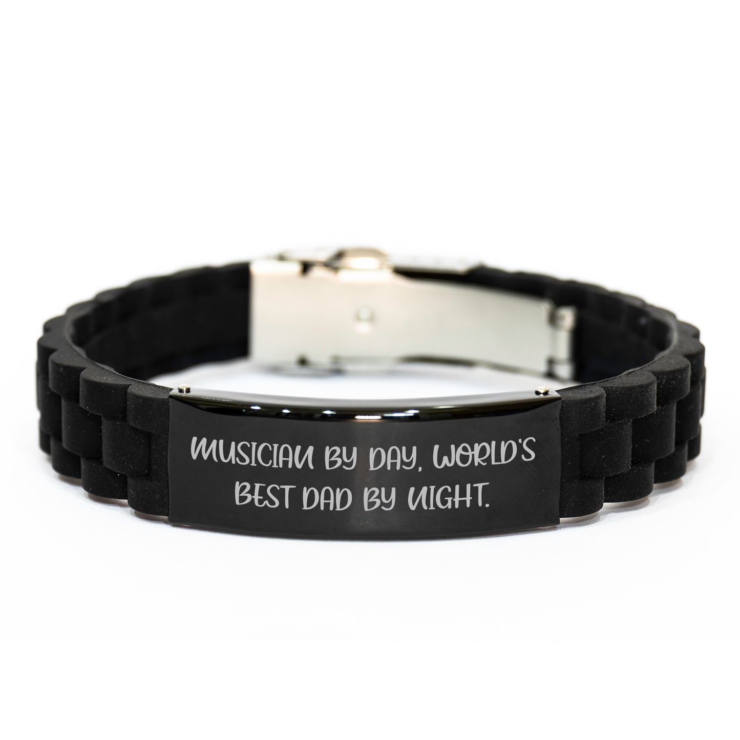 Musician Jewelry Gifts from Dad to Musician - Glide lock Clasp Black Stainless Steel Silicone Adjustable bracelet, Perfect for Father's Day, Funny Quote 'Musician By Day, World's Best Dad By Night.' - Image 1