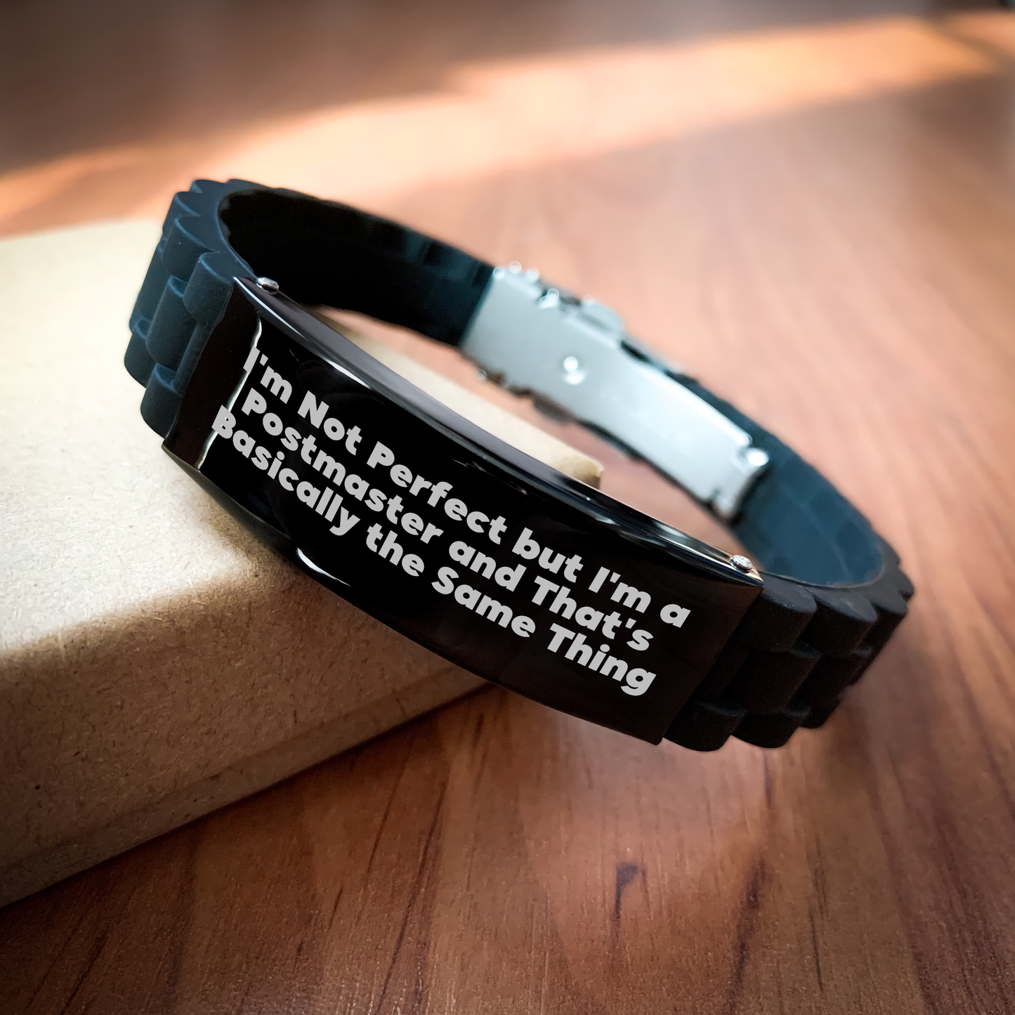 Funny Postmaster Gifts Glide lock Clasp Bracelet for Men - 'I'm Not Perfect But I'm A Postmaster' Quote, Adjustable Black Stainless Steel and Silicone, Father's Day Unique Gifts - Image 2