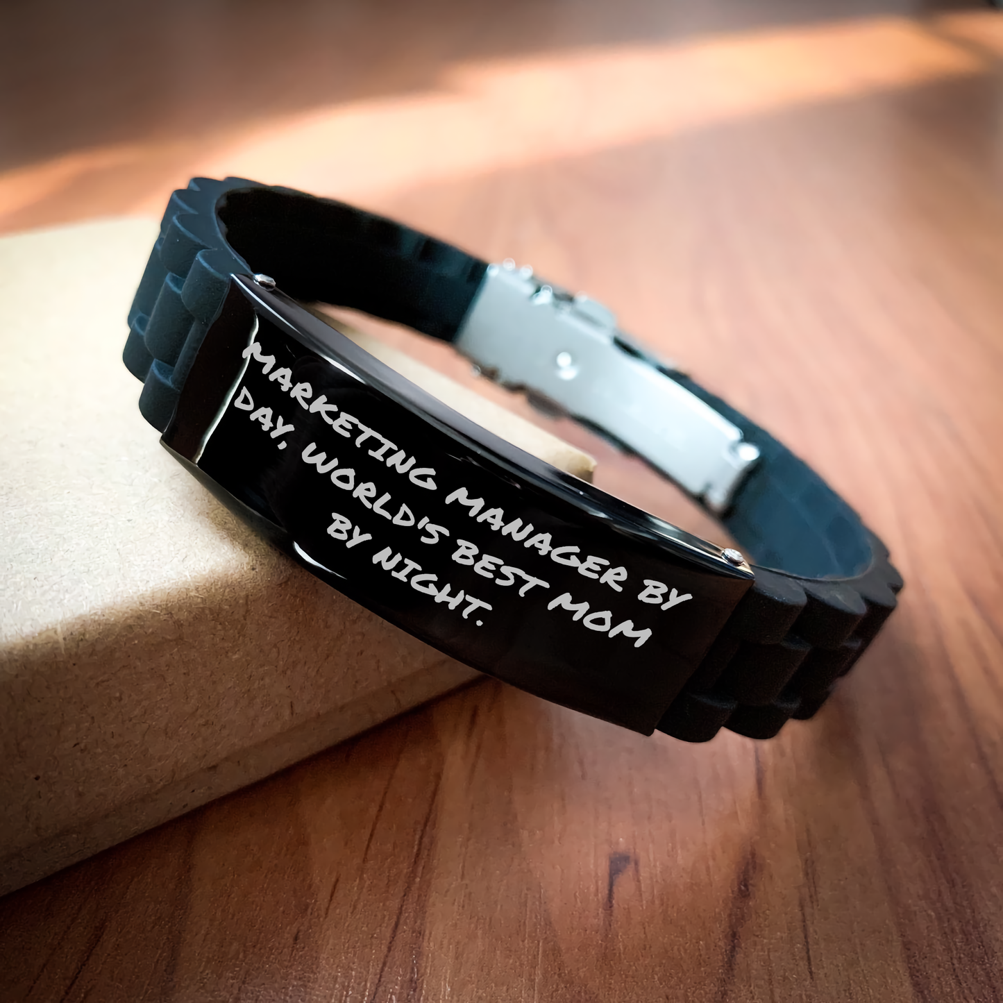 Marketing Manager Gifts from Mom - Glide lock Clasp Black Silicone Adjustable Bracelet, Perfect for Graduation, Funny Quote - 'Marketing Manager by Day, World's Best Mom by Night.' - Image 2