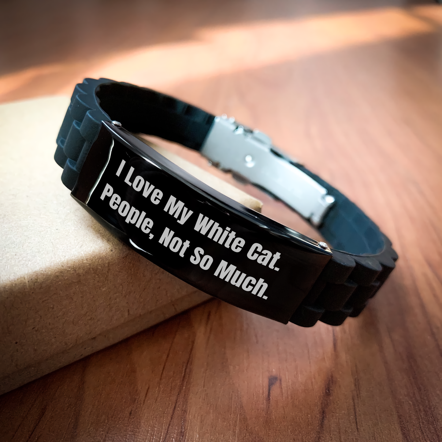 Funny White Cat Gifts for Friends from, Adjustable Glide lock Clasp Bracelet for Graduation, I Love My White Cat. People, Not So Much. - Image 2