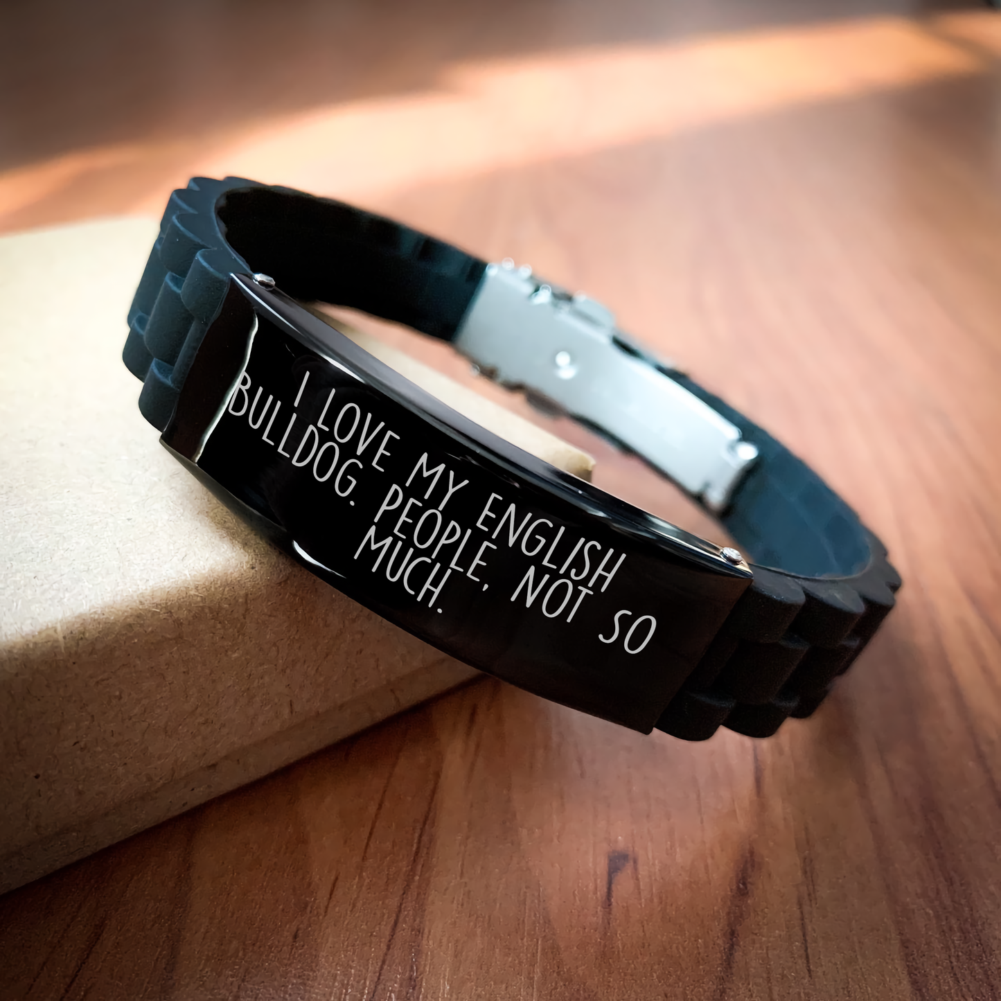 English Bulldog Lover's Funny Gifts from Men to English Bulldogs, Glide lock Clasp Adjustable Black Silver Stainless Steel Silicone Bracelet for Father's Day Unique Gifts - Image 2