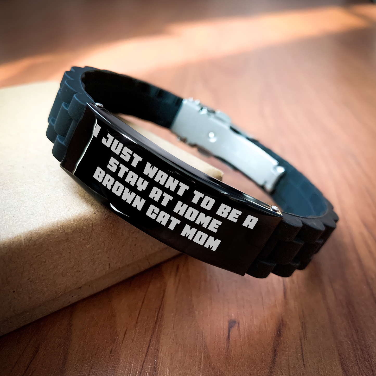 Funny Brown Cat Mom Gifts from Women to Friends - Inspirational Quote Glide lock Clasp Adjustable Black Stainless Steel Silicone Bracelet for Brown Cat Lovers, Graduation Unique Gifts - Image 2