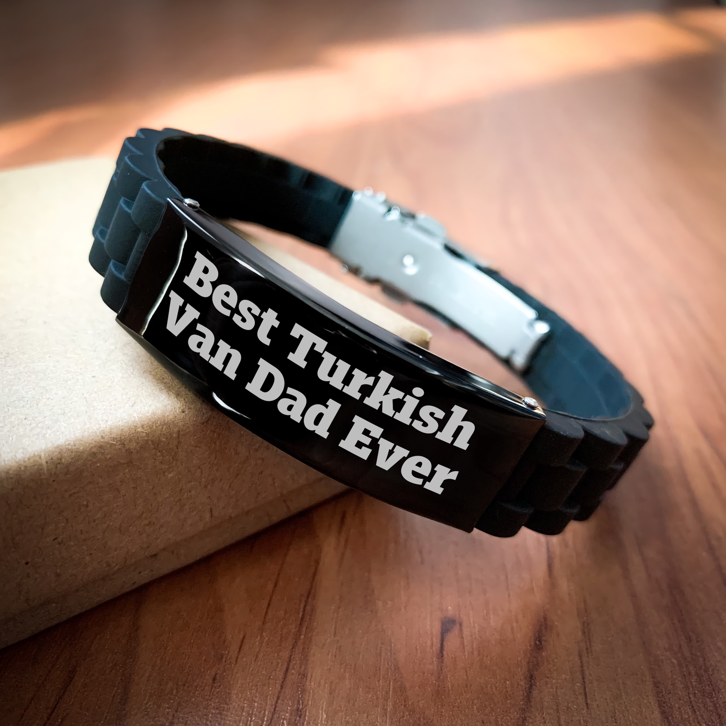 Turkish Van Cat Enthusiast Gifts, Funny Quote Dad Ever, Glide lock Clasp Bracelet, Adjustable Black Stainless Steel, Silicone, Father's Day Unique Gifts from Men to Family - Image 2
