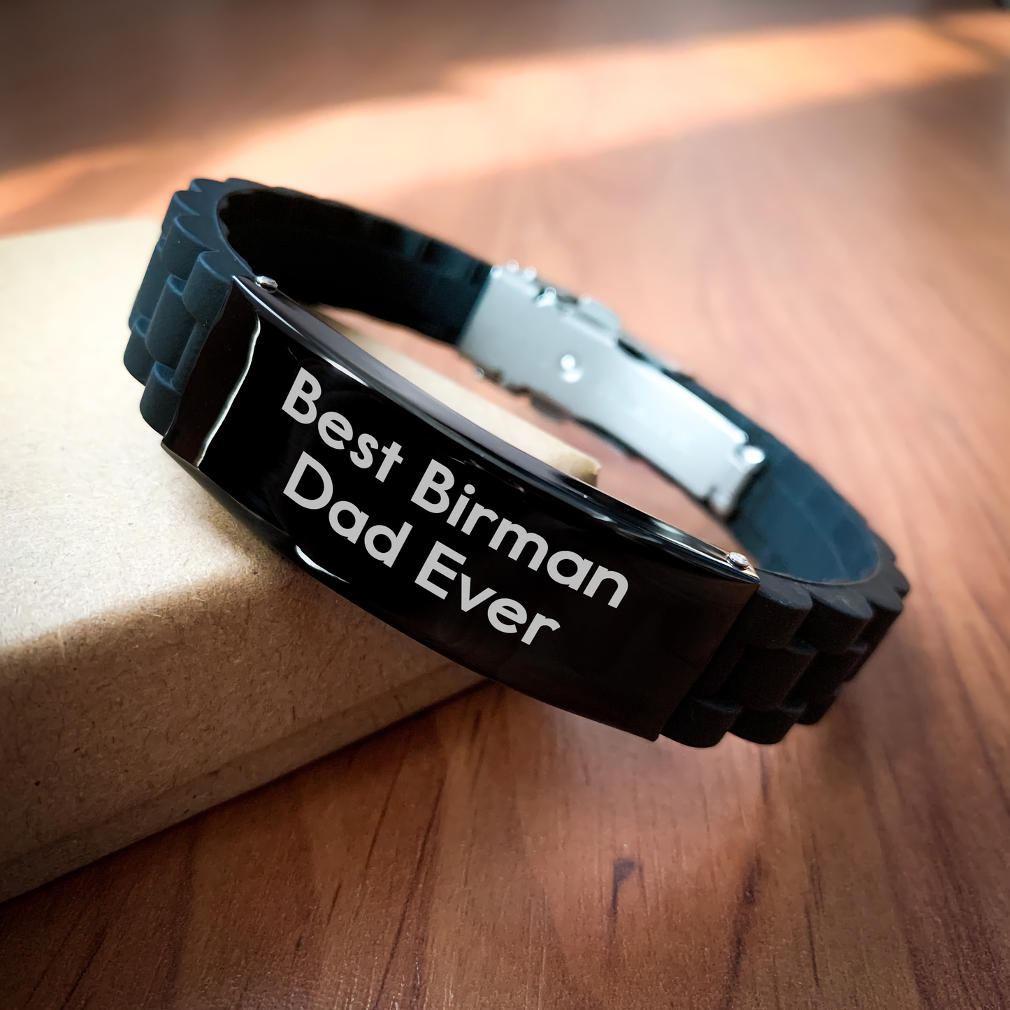 Funny Birman Cat Dad Ever Gifts for Men - Glide lock Clasp Adjustable Black Stainless Steel Silicone Bracelet from Dad's - Image 2