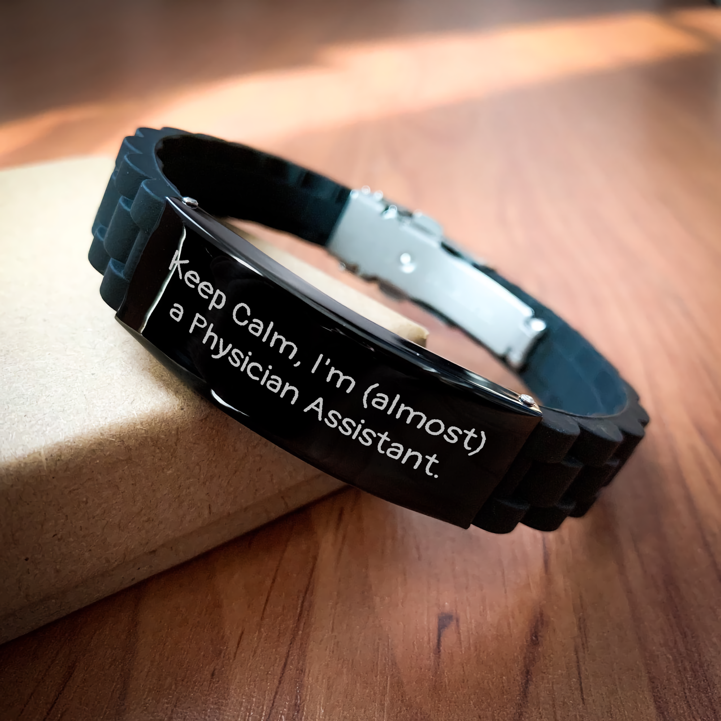 Funny Keep Calm Gifts for Physician Assistant, Glide lock Clasp Black Stainless Steel Adjustable Bracelet for Graduation - Gifts from Family, Friends, Coworkers - Image 2