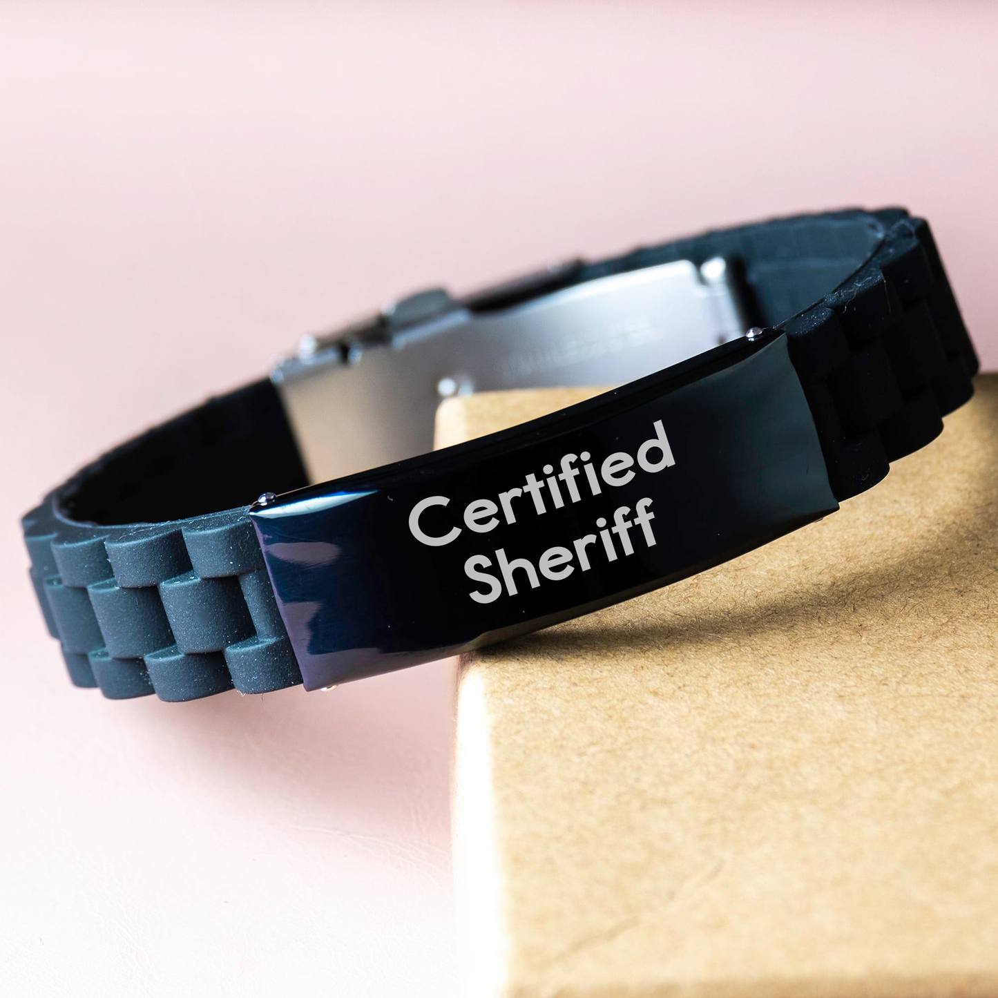 Sheriff Gifts from Men - Funny Quote 'Certified Sheriff' Glide lock Clasp Black Stainless Steel Silicone Adjustable Bracelet, Father's Day Unique Gifts for Sheriff - Image 3