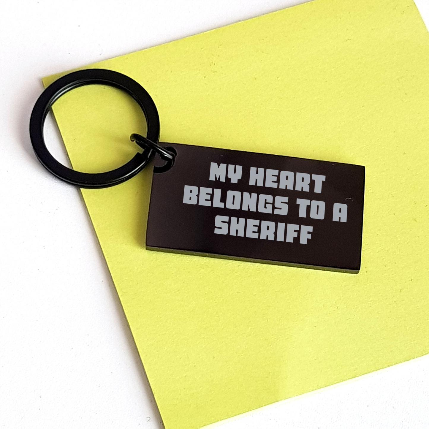 Funny Sheriff Keychain Gifts from Friends for Graduation, 'My Heart Belongs To A Sheriff' Quote, Black Stainless Steel, 1.57 x 0.87 inches - Image 3