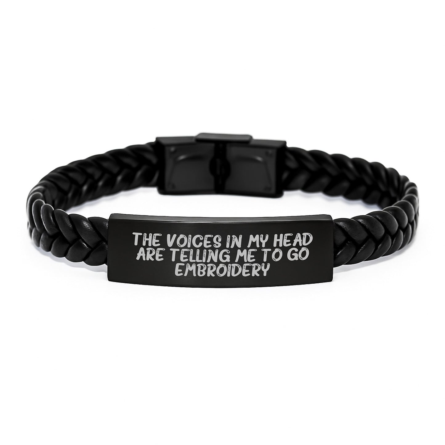 Funny Embroidery Gifts for Friends, 'The Voices In My Head Are Telling Me To Go Embroidery', Interlaced Leather Bracelet, Unique Graduation Gifts from Men - Image 1