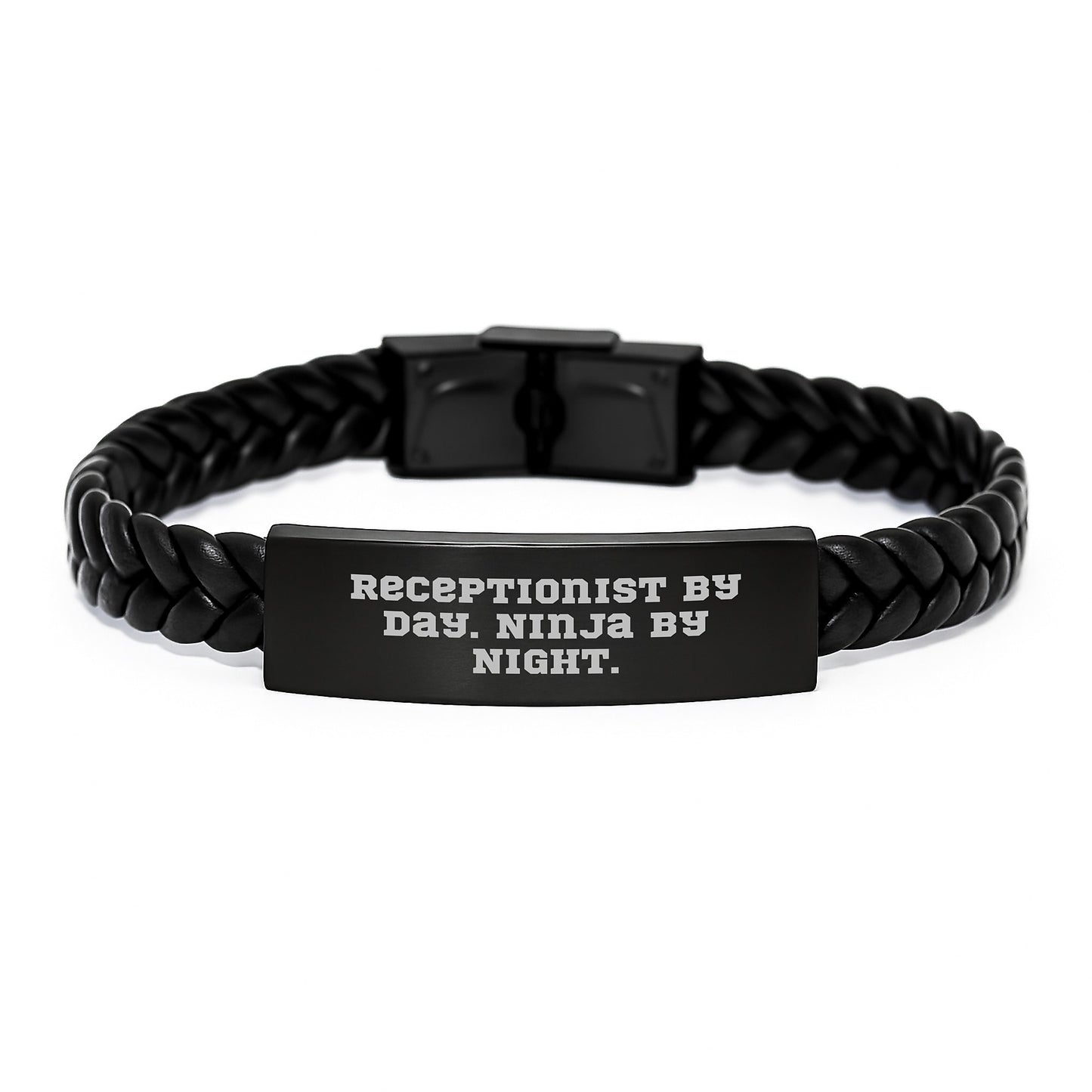 Receptionist By Day. Ninja By Night. Interlaced Leather Graduation Gifts for Receptionist, Funny Quote, Gifts from Men, Gifts for Receptionist - Image 1