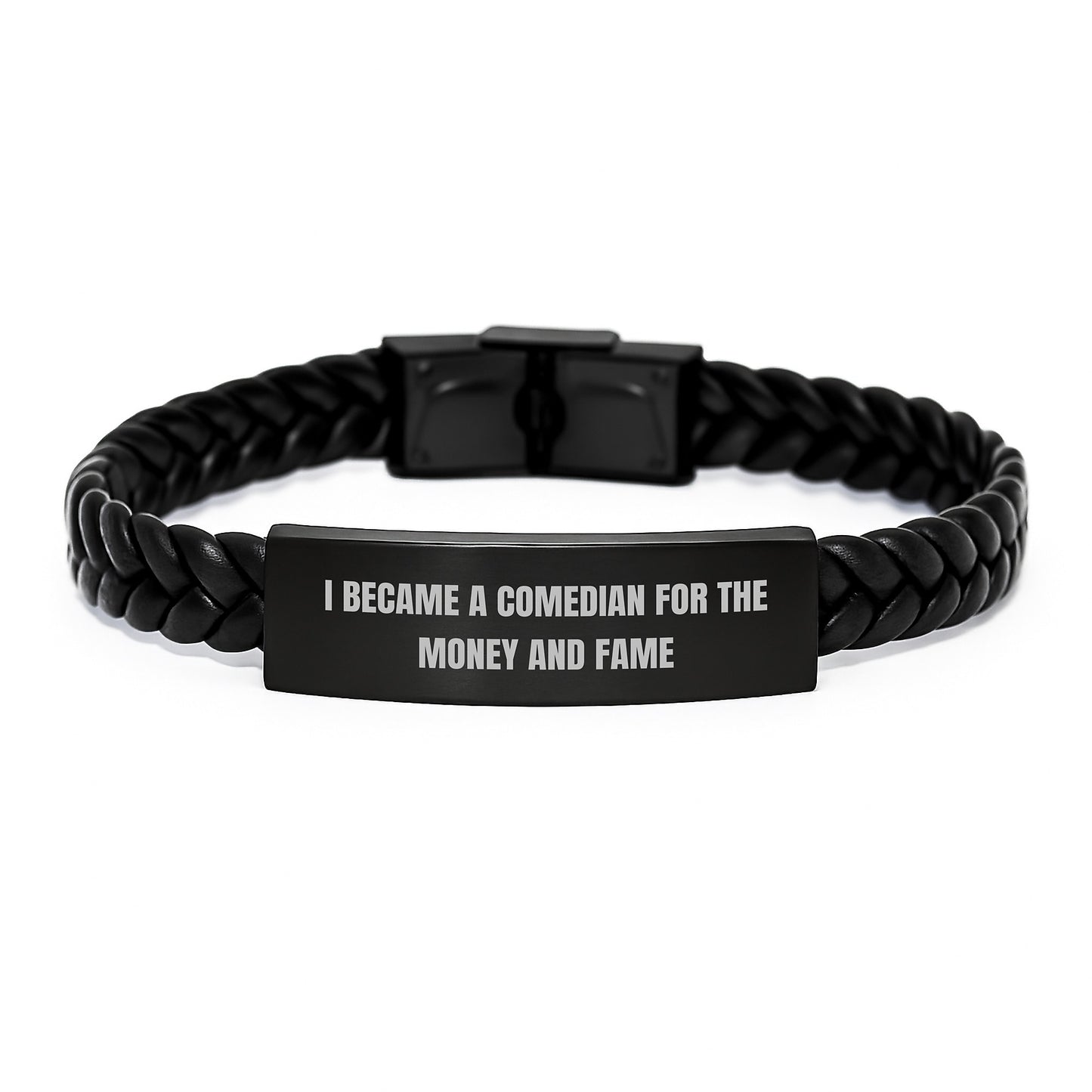 Funny Comedian Gifts for Him and Her, 'I Became A Comedian For The Money And Fame' Interlaced Leather Bracelet, Unique Graduation Presents from Friends, Family, or Coworkers - Image 1