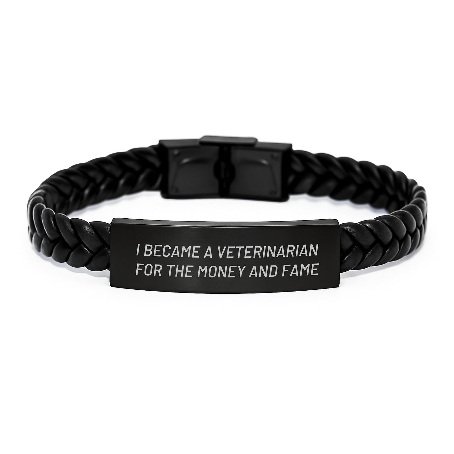 Veterinarian Inspirational Gifts from Friends for Birthday - Interlaced Leather Bracelet with Quote 'I Became A Veterinarian For The Money And Fame' - Image 1