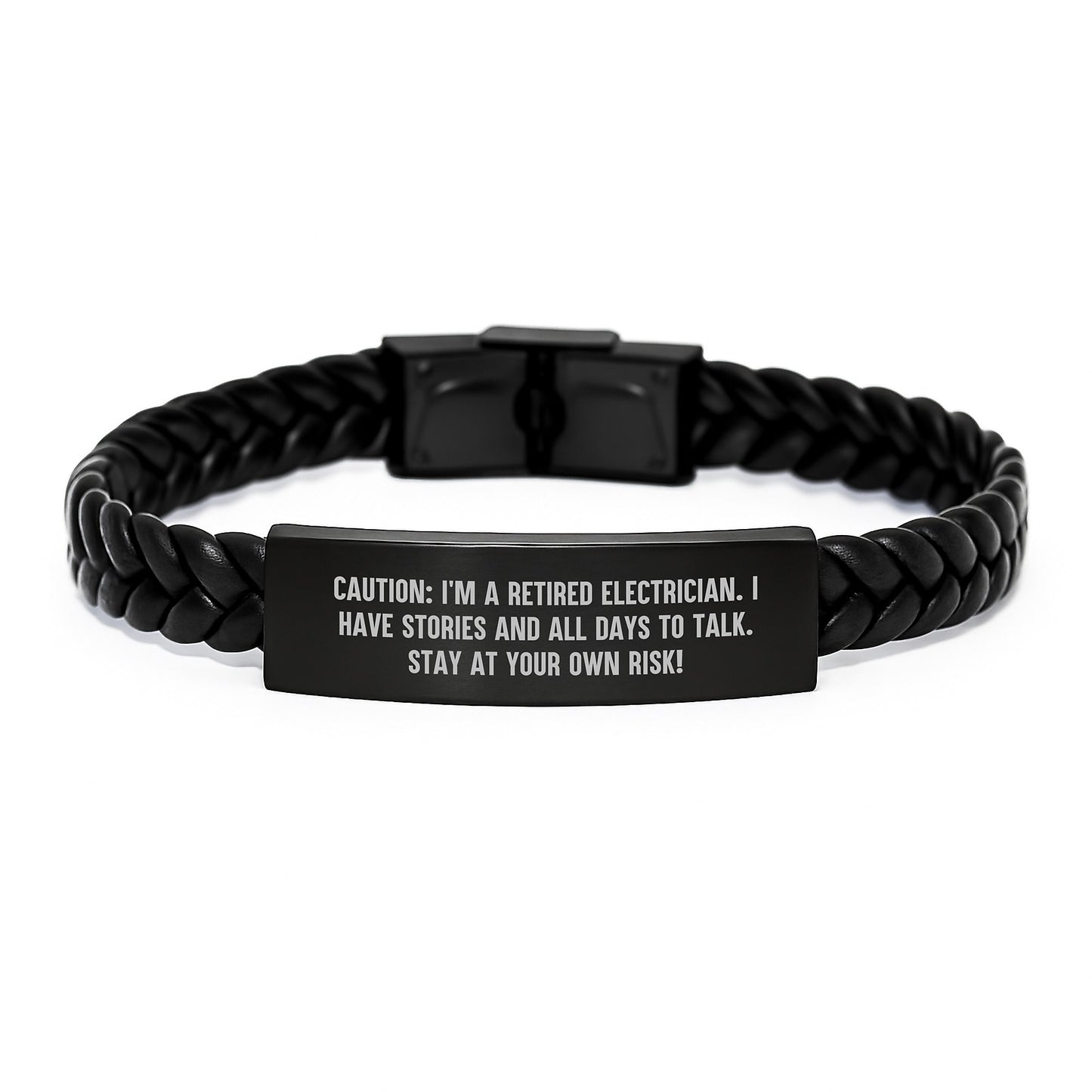 Funny Electrician Gifts, 'Caution: I'm A Retired Electrician...' Interlaced Leather Bracelet, Birthday Unique Gifts from Friends to Electrician - Image 1