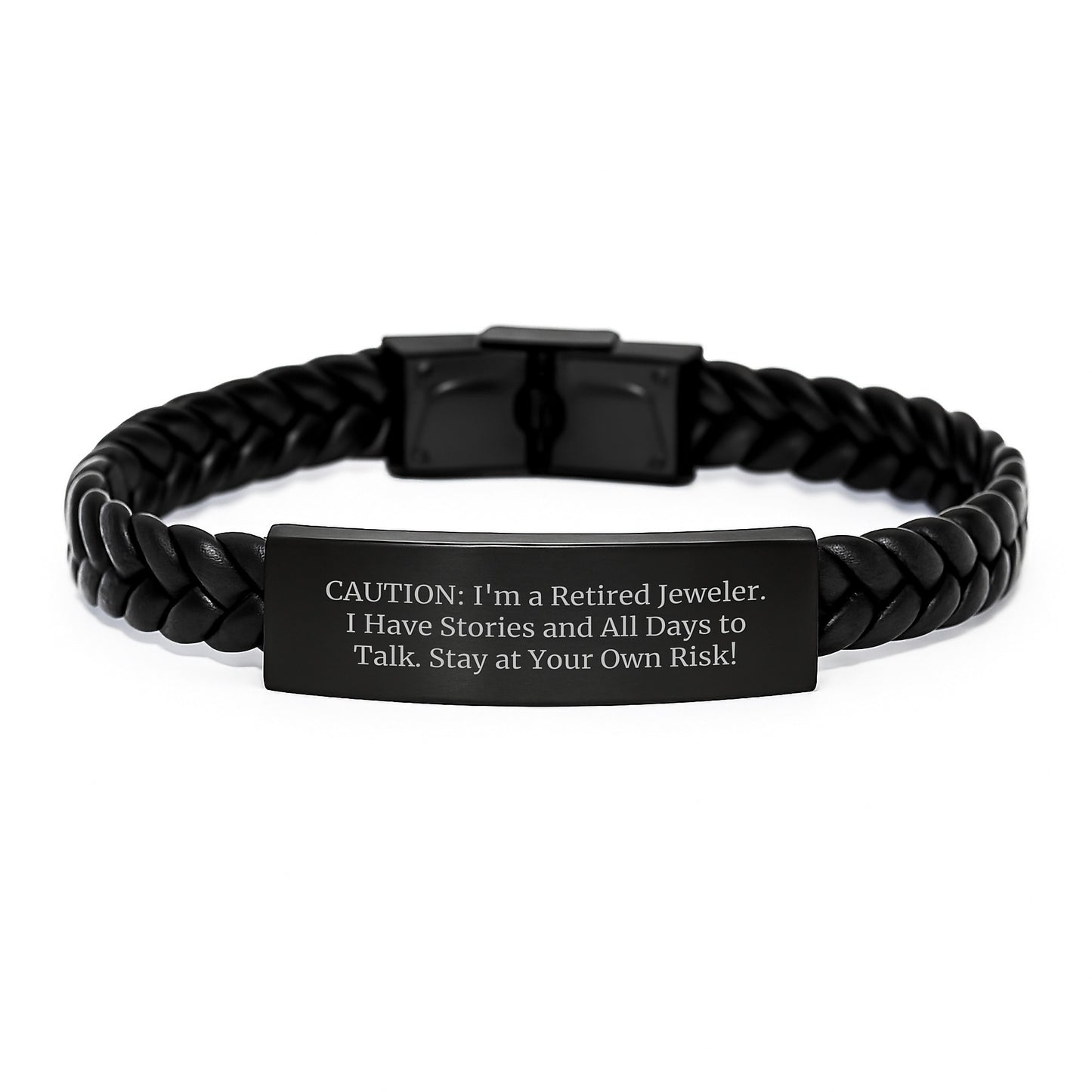 Funny Jeweler Gifts, Interlaced Leather Bracelet for Birthday, 'Caution: I'm A Retired Jeweler... Stay At Your Own Risk!' from Friends or Family - Image 1
