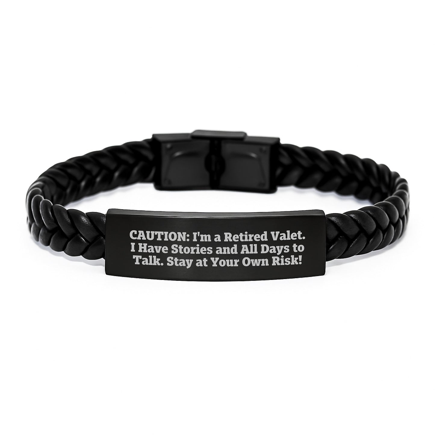 Funny Valet Gift, Interlaced Leather Birthday Presents for Men from Friends, Unique Valet Charms, 'Caution: I'm A Retired Valet...' Quote - Image 1