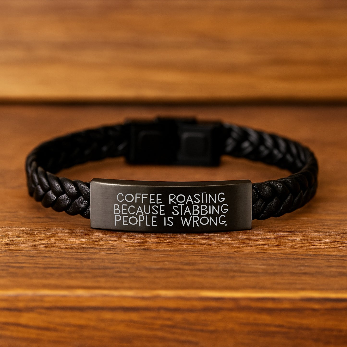 Coffee Roasting Enthusiast Gifts from Friends to Graduates, Interlaced Leather Bracelet with 'Coffee Roasting Because Stabbing People Is Wrong.' Quote, Unique and Stylish - Image 2