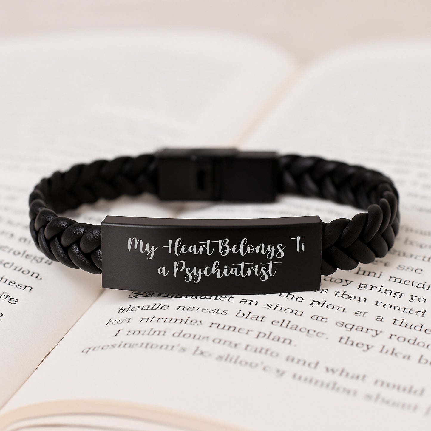 Funny Psychiatrist Gifts from Friends for Graduation - Interlaced Leather Bracelet with Quote 'My Heart Belongs To A Psychiatrist' - Image 3