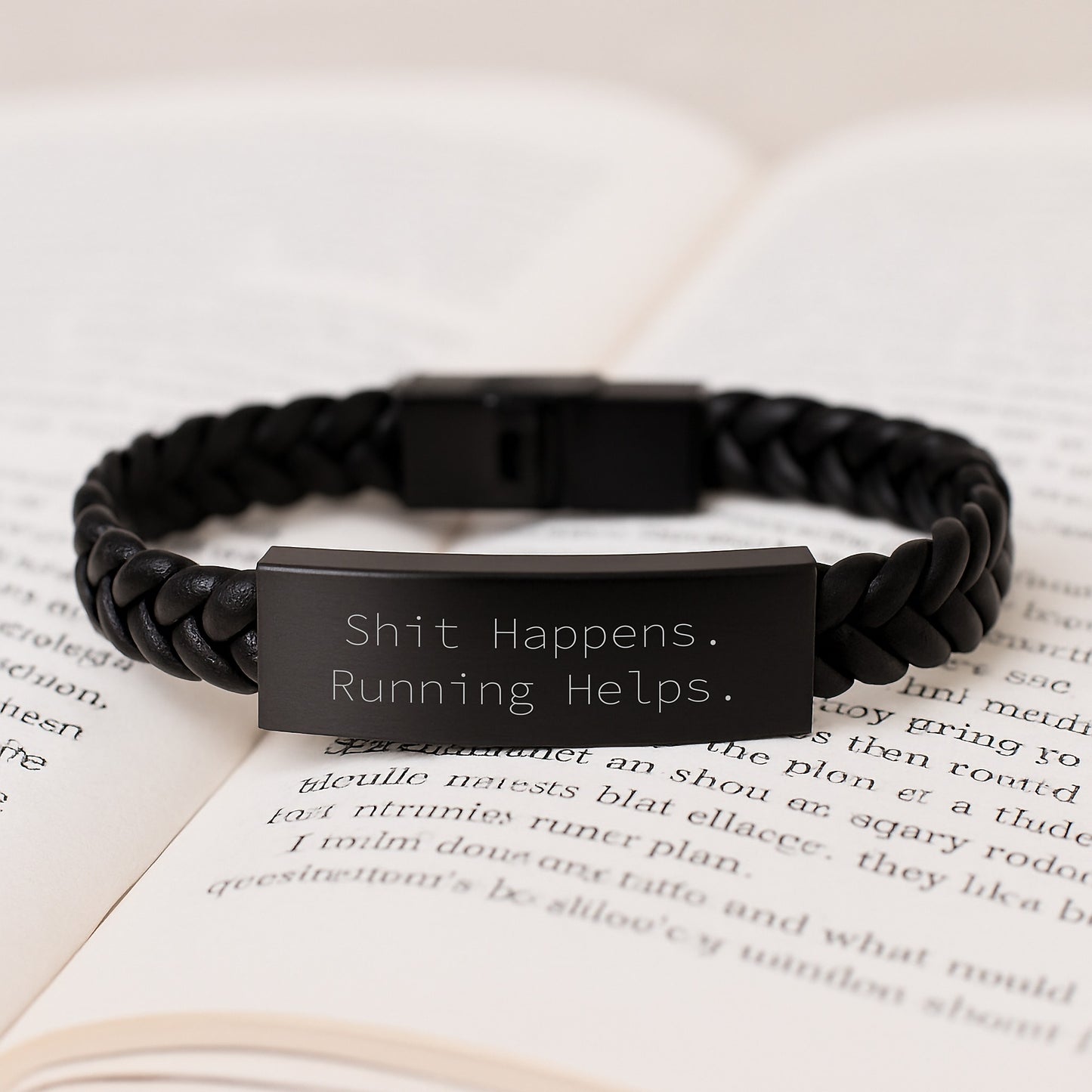 Funny Running Gifts for Men from Friends, 'Shit Happens. Running Helps.' Interlaced Leather Bracelet for Graduation - Image 3