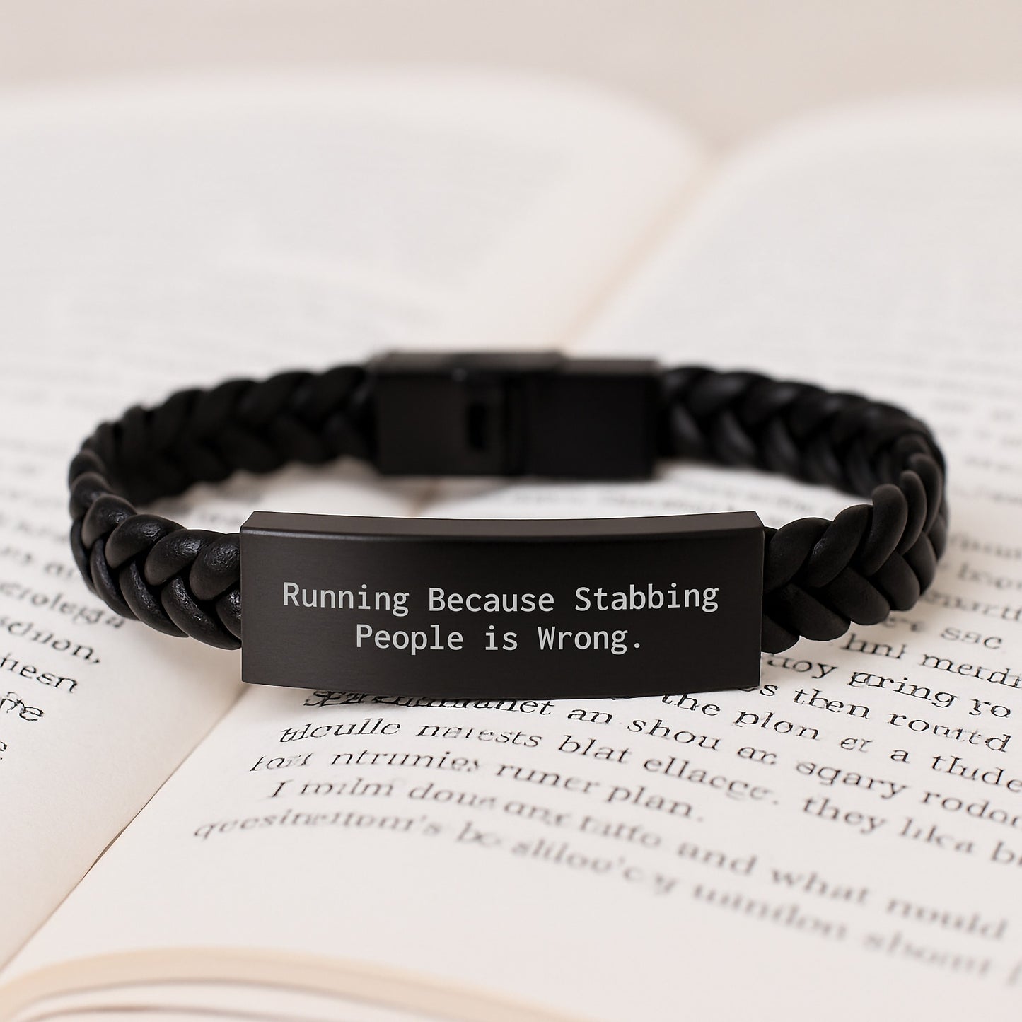 Funny Running Gifts for Men Friends Coworkers Family - Interlaced Leather Bracelet with 'Running Because Stabbing People Is Wrong.' Quote - Image 3