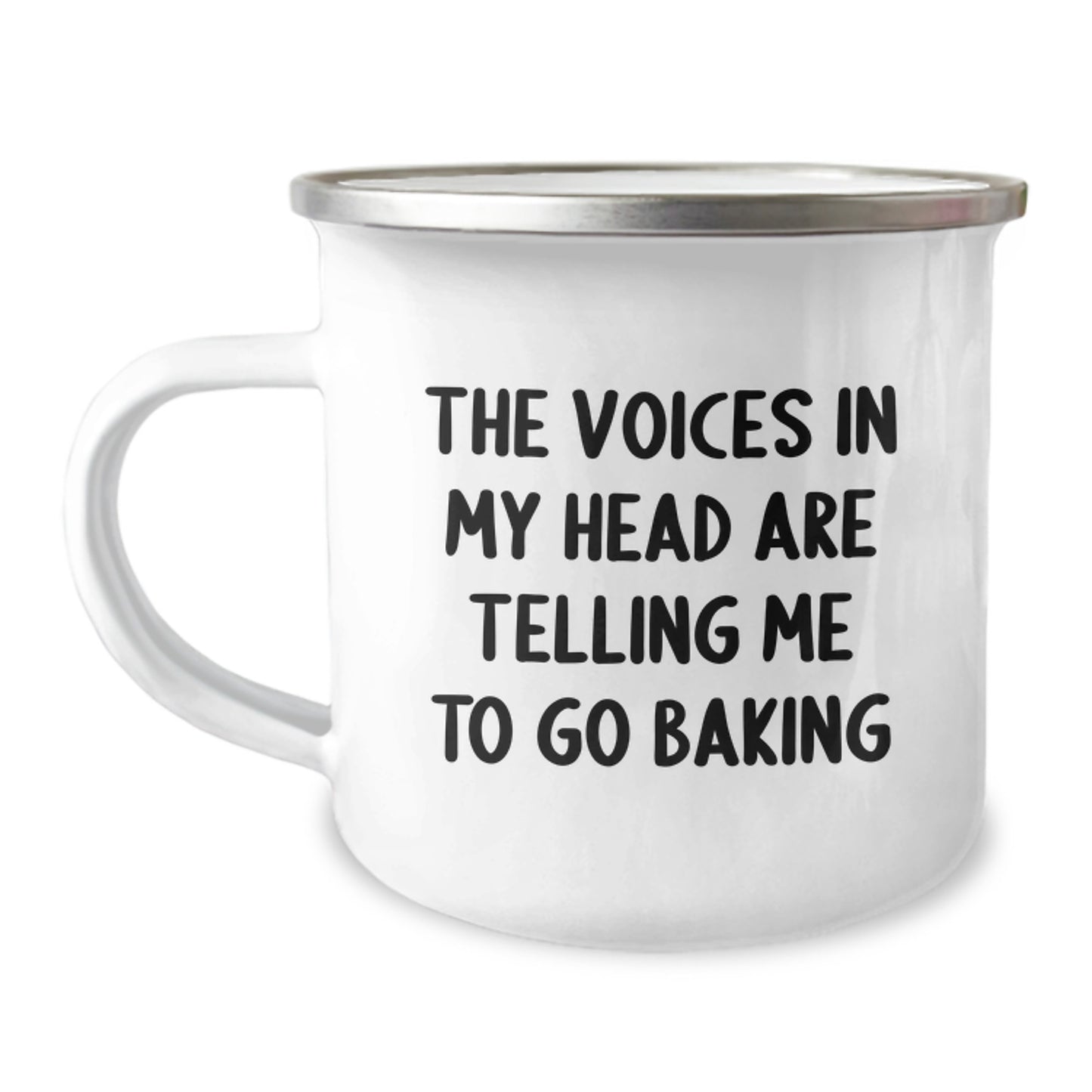 Funny Baking Gifts for Women Friends and Family from a Crazy Baking Enthusiast - 'The Voices In My Head Are Telling Me To Go Baking' Quote on a 12 oz Stainless Steel Camping Mug - Image 1