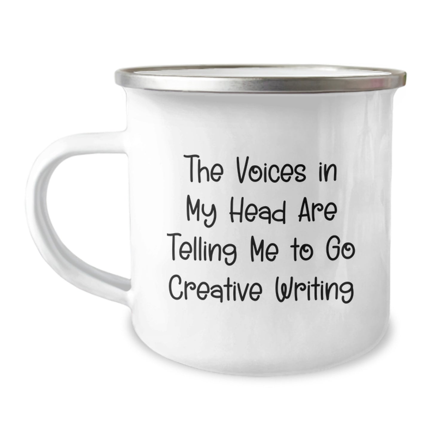 Creative Writing Inspirational Gifts from Friends to Family - Camping Mug with Quote 'The Voices In My Head Are Telling Me To Go Creative Writing' - Graduation Unique Gifts - Image 1