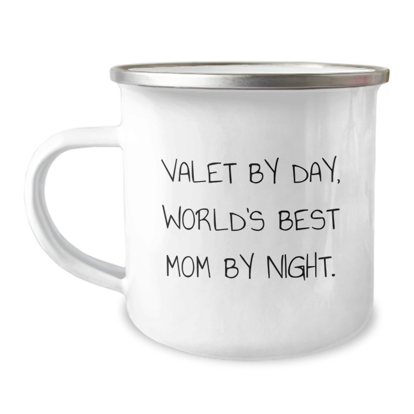 Valet Gifts from Friends, Valet By Day, World's Best Mom By Night., Unique Graduation Gifts for Valet, 12 oz Stainless Steel Camping Mug - Image 1