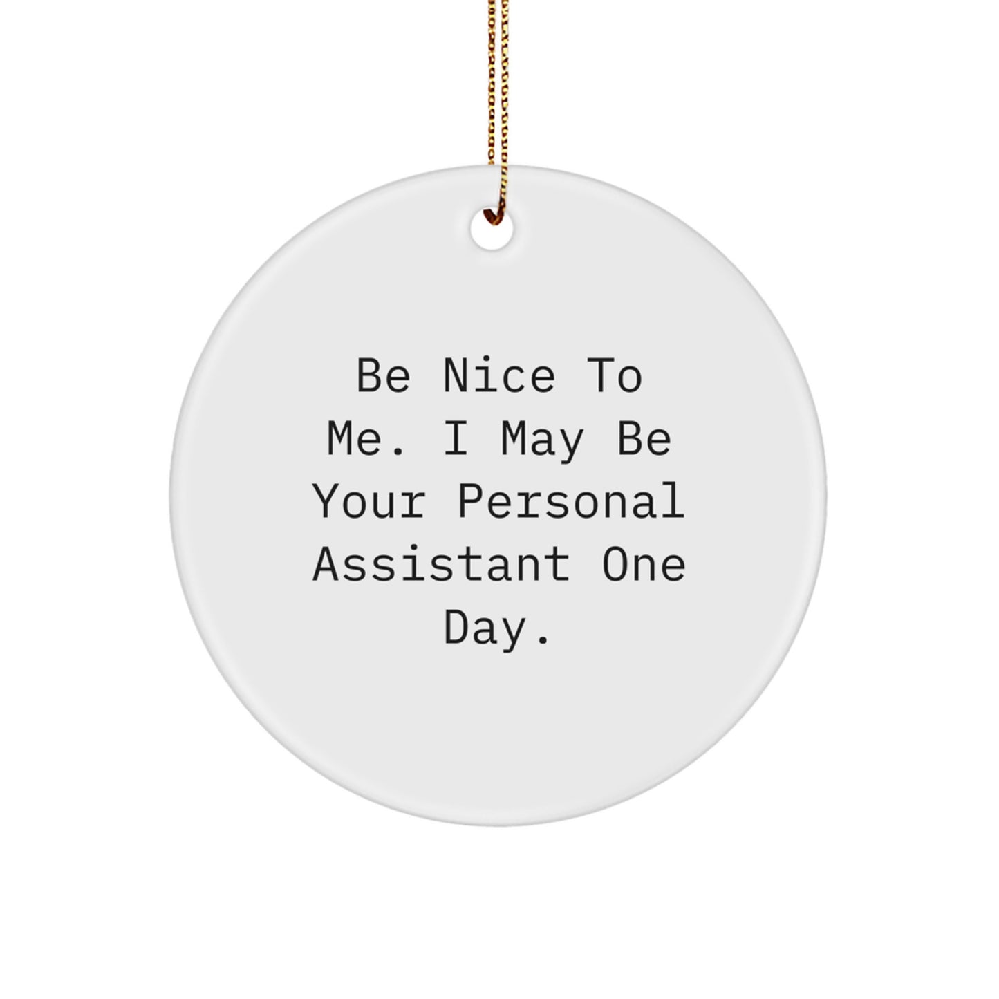 Funny Personal Assistant Gifts from Friends, Coworkers, or Family - Be Nice To Me. I May Be Your Personal Assistant One Day. Circle Ornament for Christmas - Image 1