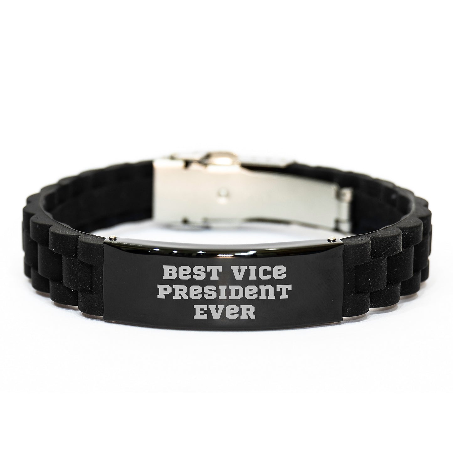Funny Vice President Gifts for Men - Best Vice President Ever Glide lock Clasp Bracelet, Adjustable, Black, Silver, Black Stainless Steel, Silicone - Gifts from Friends to Vice President - Image 1