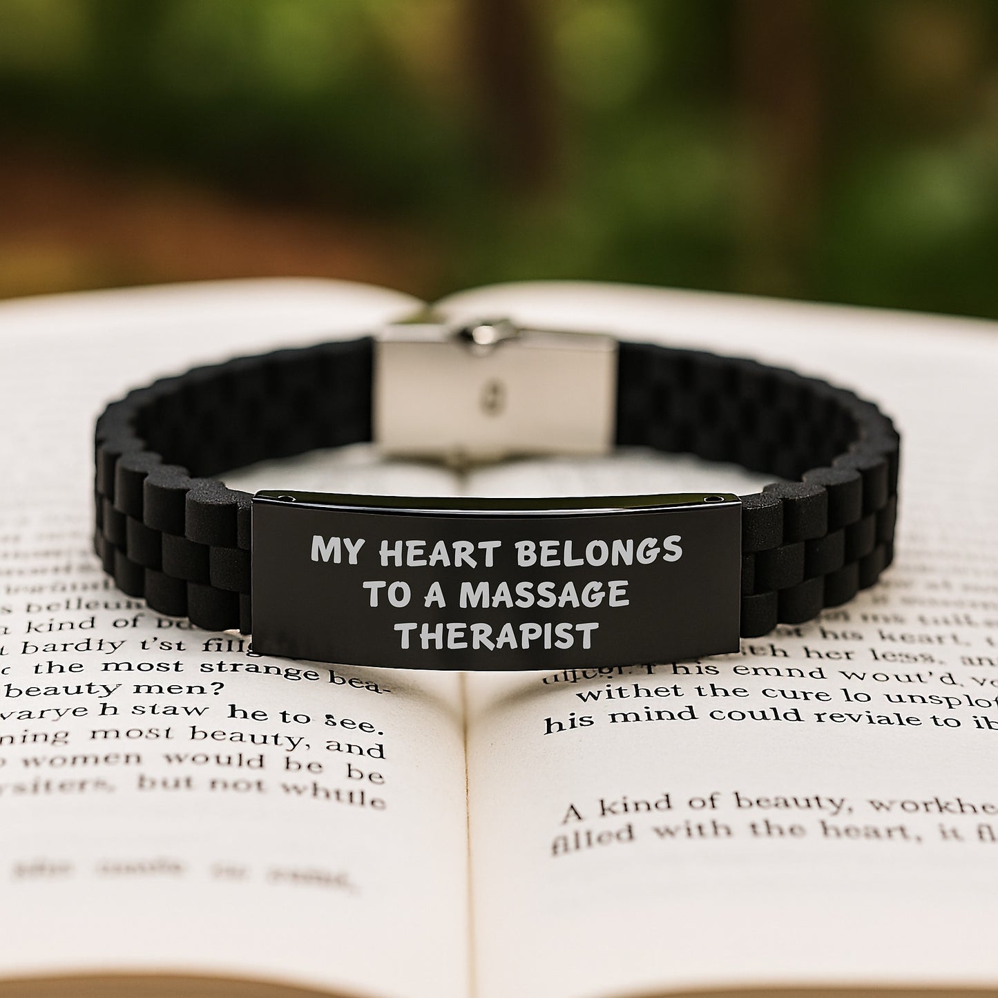 Funny Massage Therapist Gifts from Friends - 'My Heart Belongs To A Massage Therapist' Glide lock Clasp Black Stainless Steel Adjustable Gift for Massage Therapist Graduation Unique Gifts - Image 2