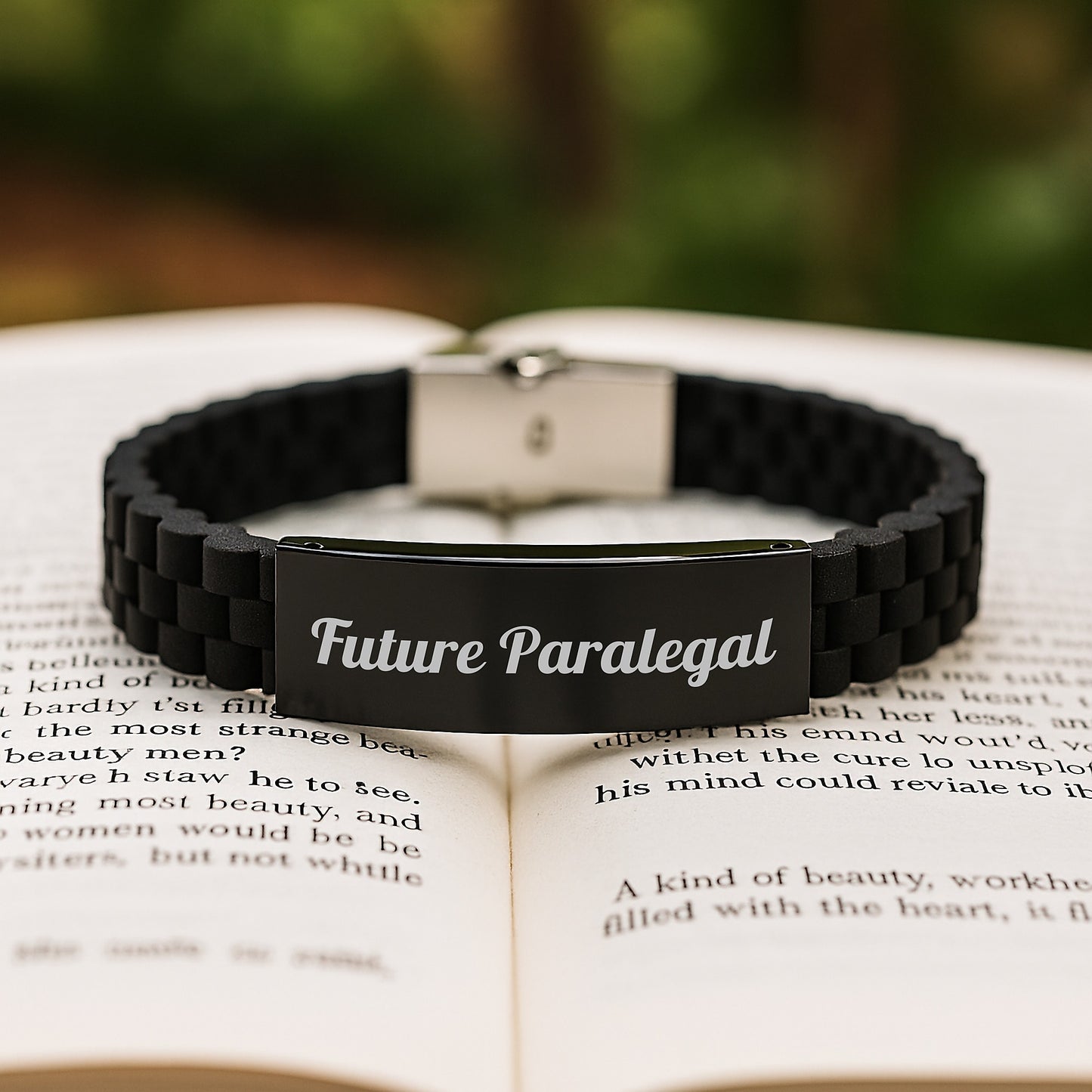 Future Paralegal Funny Quote Glide lock Clasp Birthday Unique Gift for Her, from Friends, 'You're a-maze-ing' Black Stainless Steel Silicone Adjustable Bracelet - Image 2