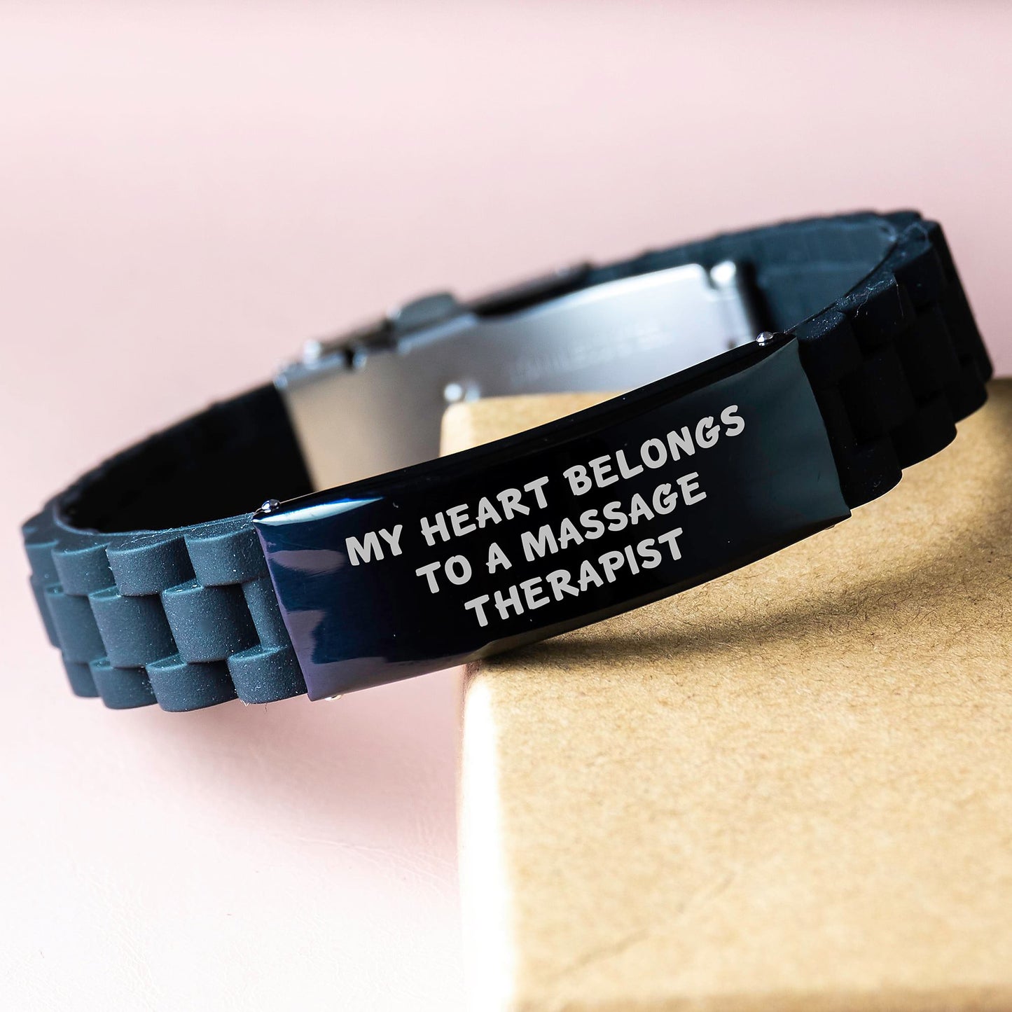 Funny Massage Therapist Gifts from Friends - 'My Heart Belongs To A Massage Therapist' Glide lock Clasp Black Stainless Steel Adjustable Gift for Massage Therapist Graduation Unique Gifts - Image 3