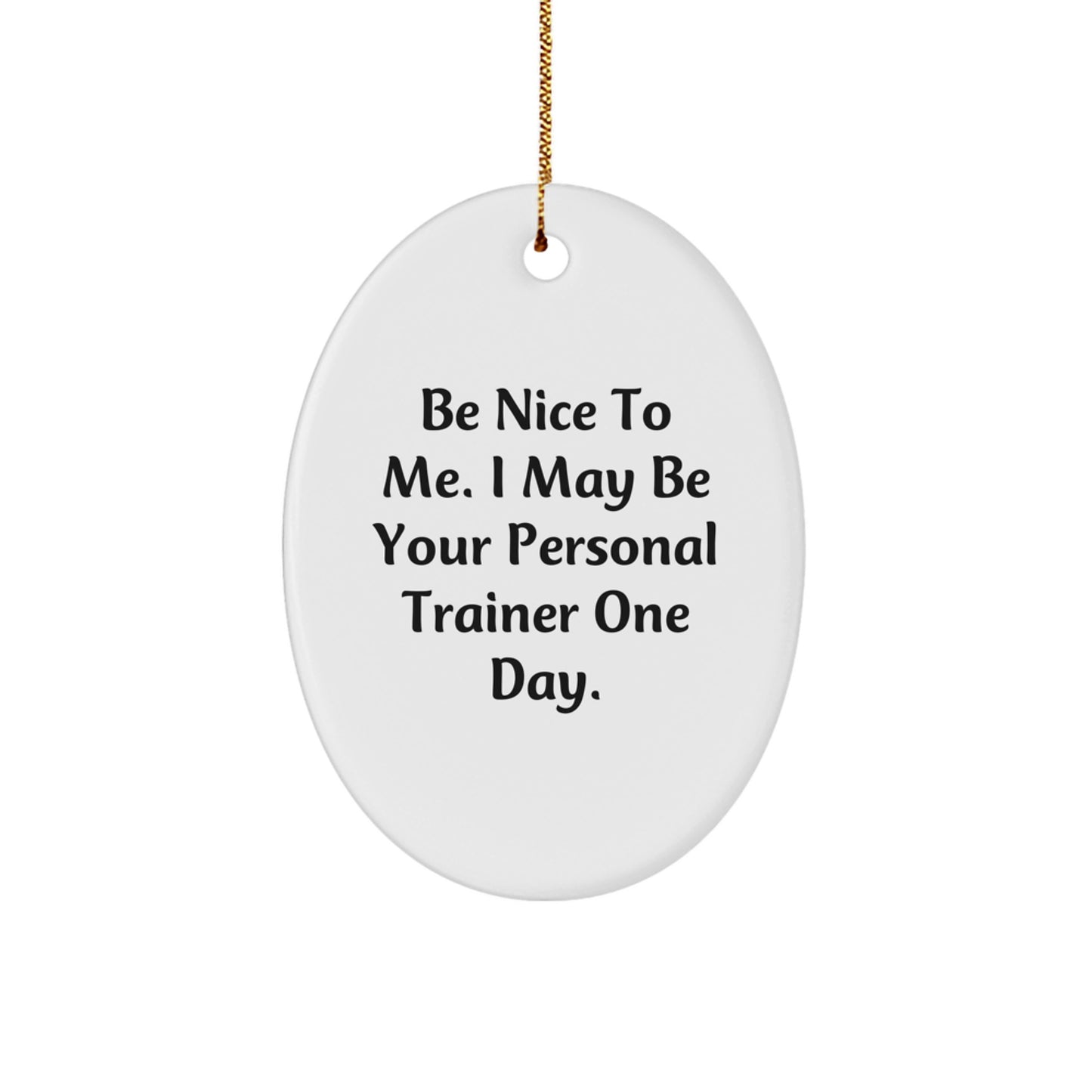 Funny Personal Trainer Gifts for Men from Friends, Be Nice To Me. I May Be Your Personal Trainer One Day., Oval Ornament for Christmas - Image 1
