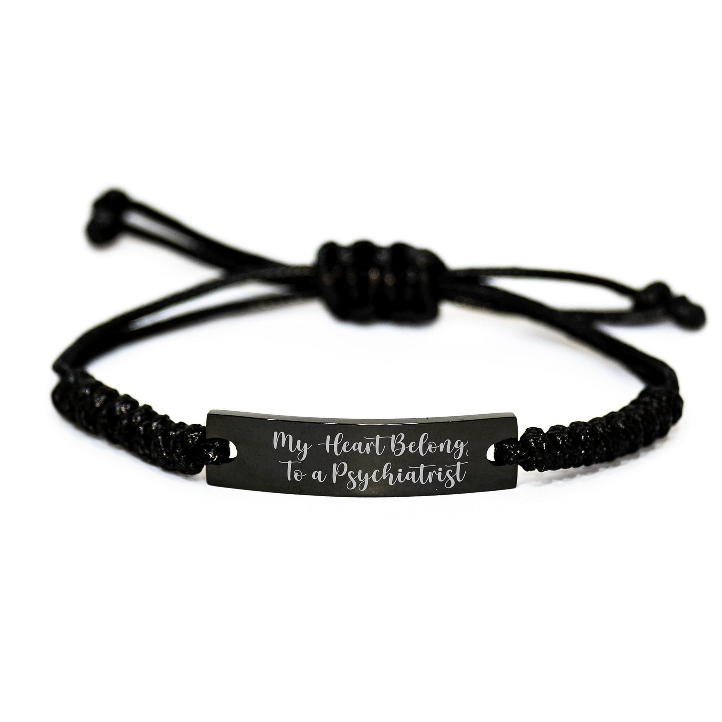 Funny Quote Gift for Psychiatrist, 'My Heart Belongs To A Psychiatrist' Black Rope Adjustable Bracelet from Friends, Unique Graduation Gifts for Men or Women - Image 1