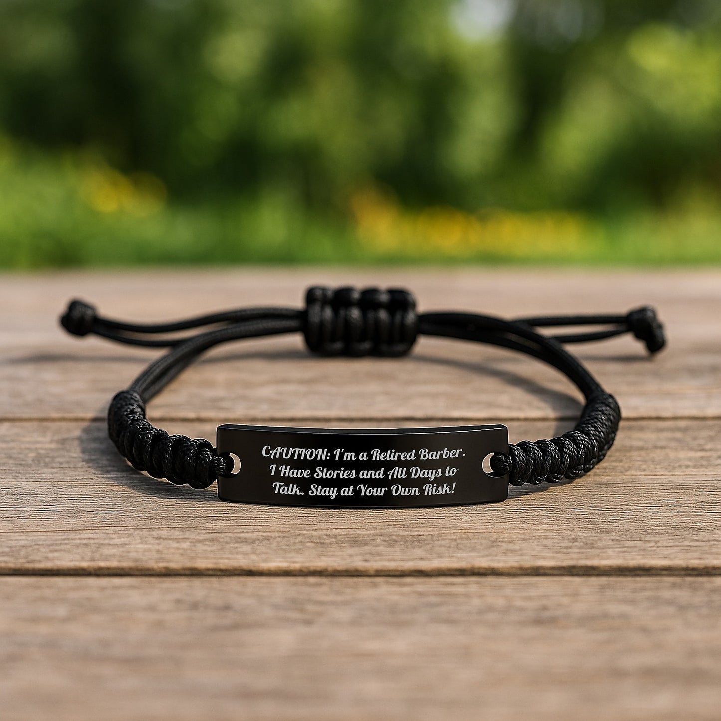 Funny Barber Gifts from Friends to Barber Birthday Unique Presents for Men, 'Caution: I'm A Retired Barber. I Have Stories And All Days To Talk. Stay At Your Own Risk!' Rope Bracelet - Image 2
