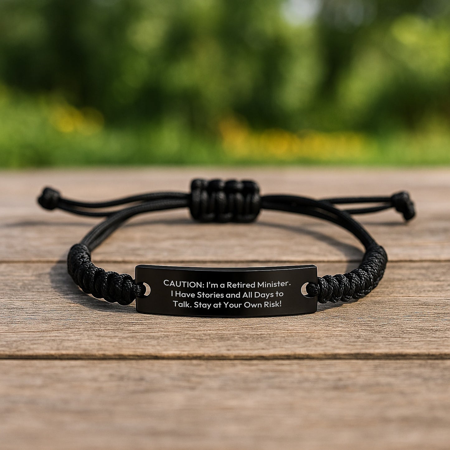 Funny Minister Gifts from Friends, 'Caution: I'm A Retired Minister... Stay At Your Own Risk!' Adjustable Rope Bracelet for Birthday - Image 2