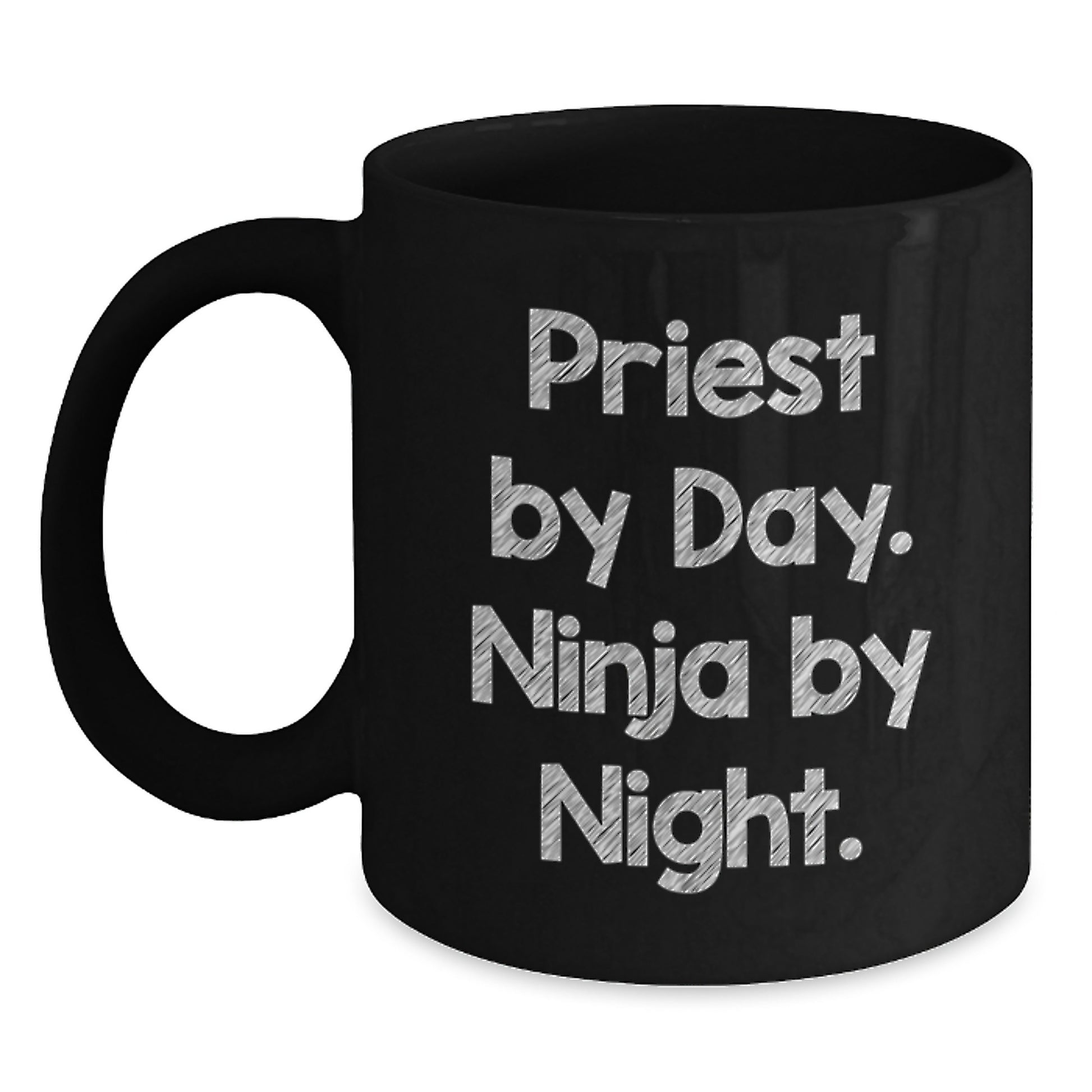 Priestly Pours, Ninja Nights: Funny Gifts for Men from Friends, Family or Coworkers on Graduation Day, Black Coffee Mug with Quote 'Priest By Day. Ninja By Night.' - Main