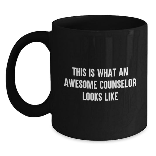Funny Counselor Gifts from Friends for Birthday - 'This Is What An Awesome Counselor Looks Like' Black Coffee Mug, Gifts for Counselor, 11oz or 15oz, Microwave and Dishwasher Safe - Main
