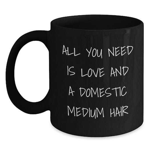 Funny Domestic Medium Hair Cat Lover Gifts from Friends - 'All You Need Is Love And A Domestic Medium Hair' Black Coffee Mug for Birthday - Main