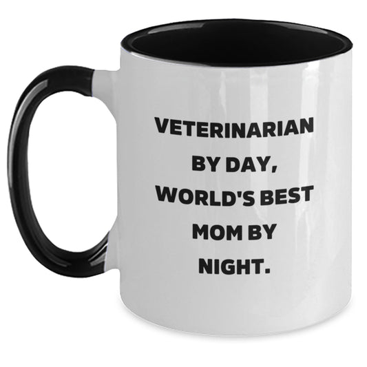 Veterinarian Gifts from Friends to World's Best Mom - Funny Two Tone Coffee Mug for Graduation, 'Veterinarian By Day, World's Best Mom By Night.' Quote - Main