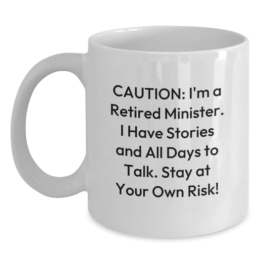 Funny Minister Gifts for Him, White Coffee Mug with Caution Quote, Birthday Unique Gifts from Friends, 11oz or 15oz Capacity, Ceramic, Microwave and Dishwasher Safe - Main