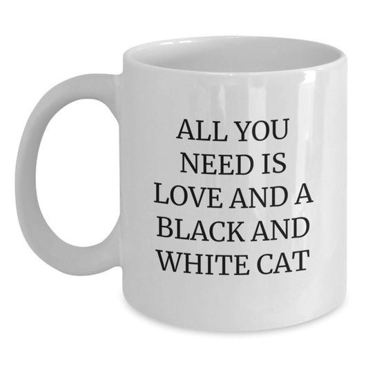 Funny Black and White Cat Love Gifts from Family to Friends - White Coffee Mug, All You Need Is Love And A Black And White Cat, Birthday Unique Gifts - Main