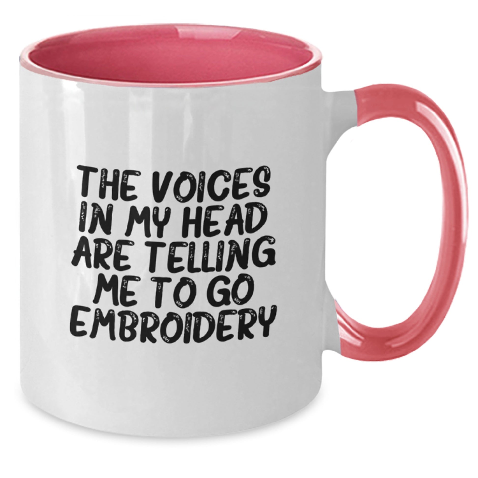 Funny Embroidery Gifts for Graduation - Two Tone Coffee Mug with Inspiring Quote 'The Voices In My Head Are Telling Me To Go Embroidery' - Gifts from Friends, Coworkers or Family - Additional