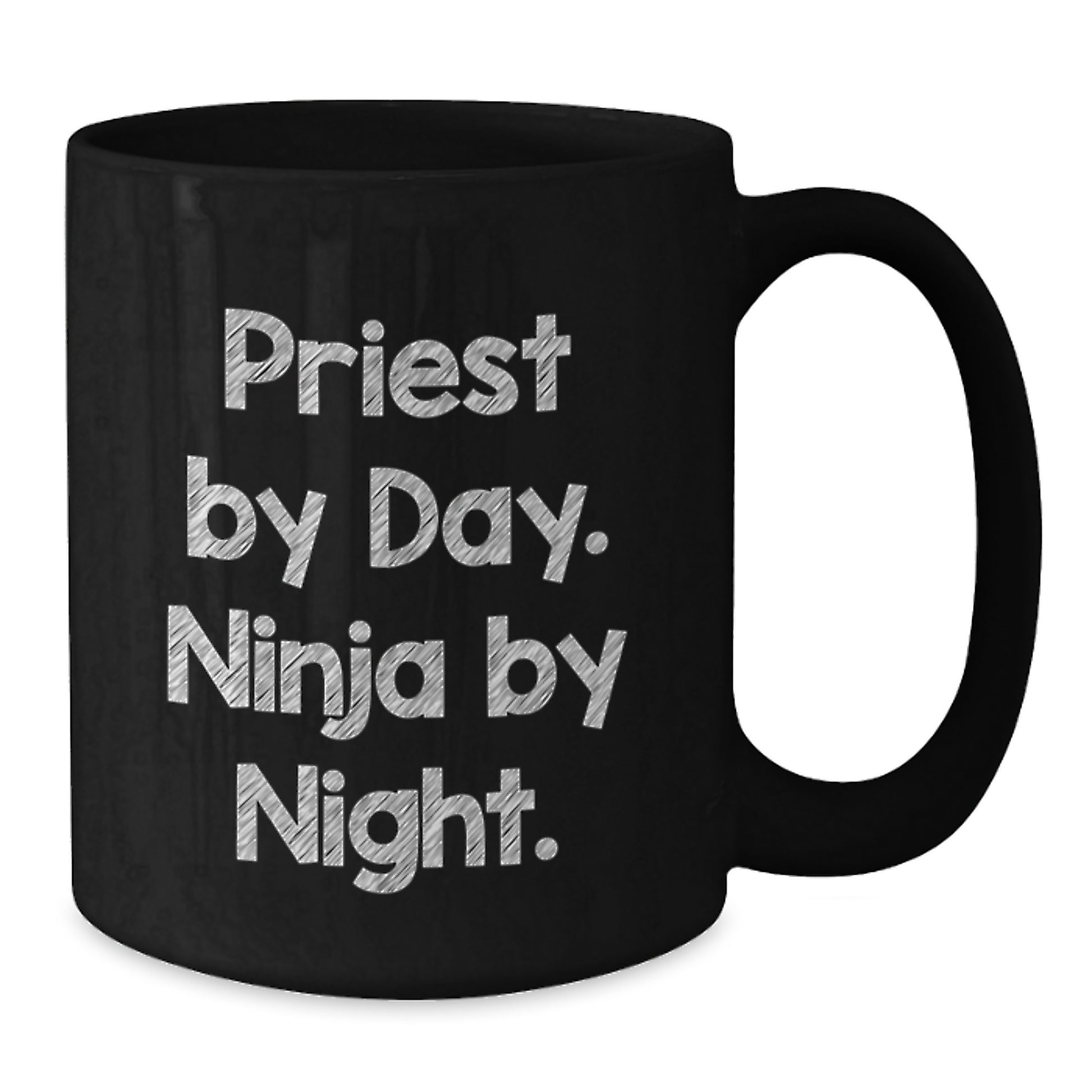 Priestly Pours, Ninja Nights: Funny Gifts for Men from Friends, Family or Coworkers on Graduation Day, Black Coffee Mug with Quote 'Priest By Day. Ninja By Night.' - Additional