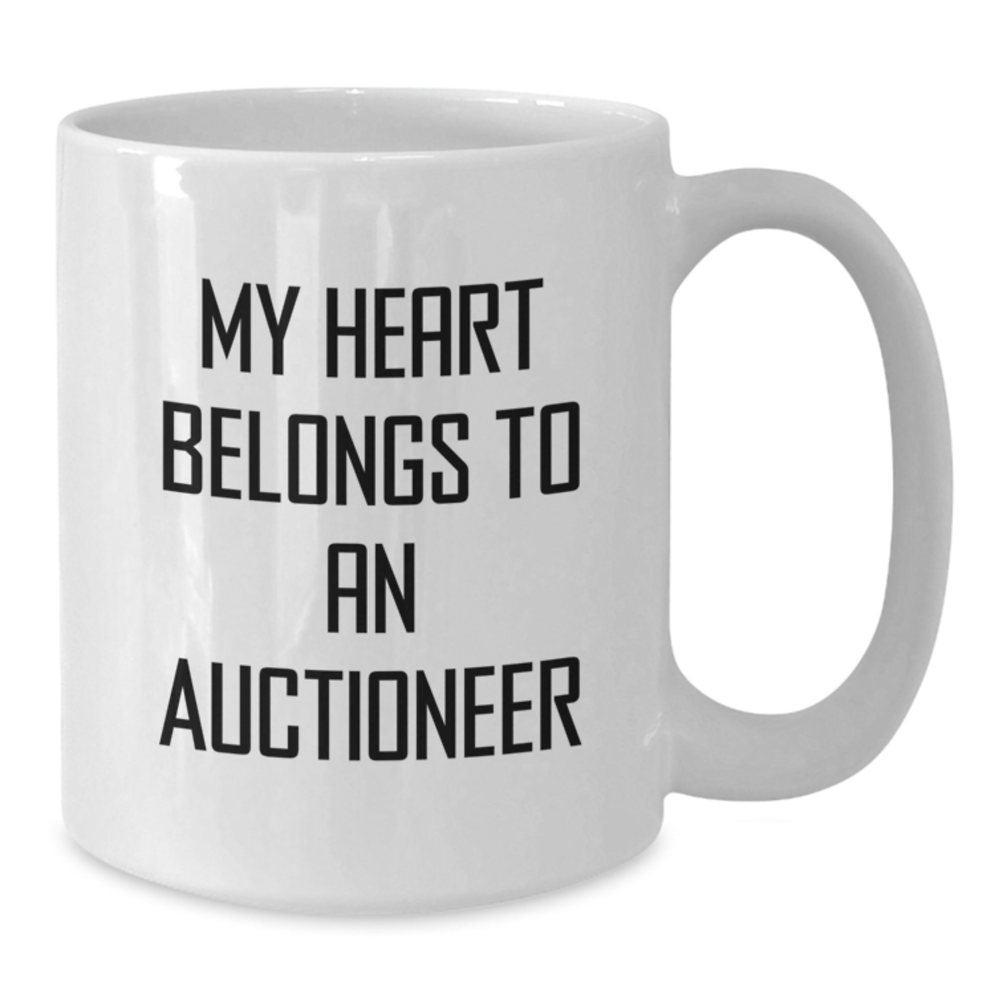 Funny Auctioneer Gifts For Him, White Coffee Mug For Birthday, 'My Heart Belongs To An Auctioneer' Quote, Gifts from Men to Auctioneer, 11oz or 15oz Capacity, Ceramic, Microwave and Dishwasher Safe - Additional